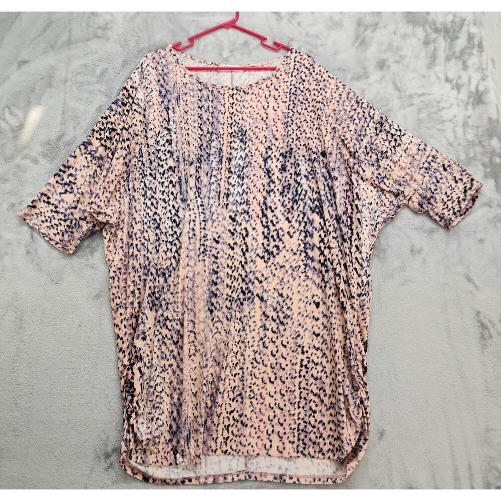 DOUBLJU Top Womens 3X Pink‎ Animal Print Short Sleeve Tunic Ruched Sides Stretch